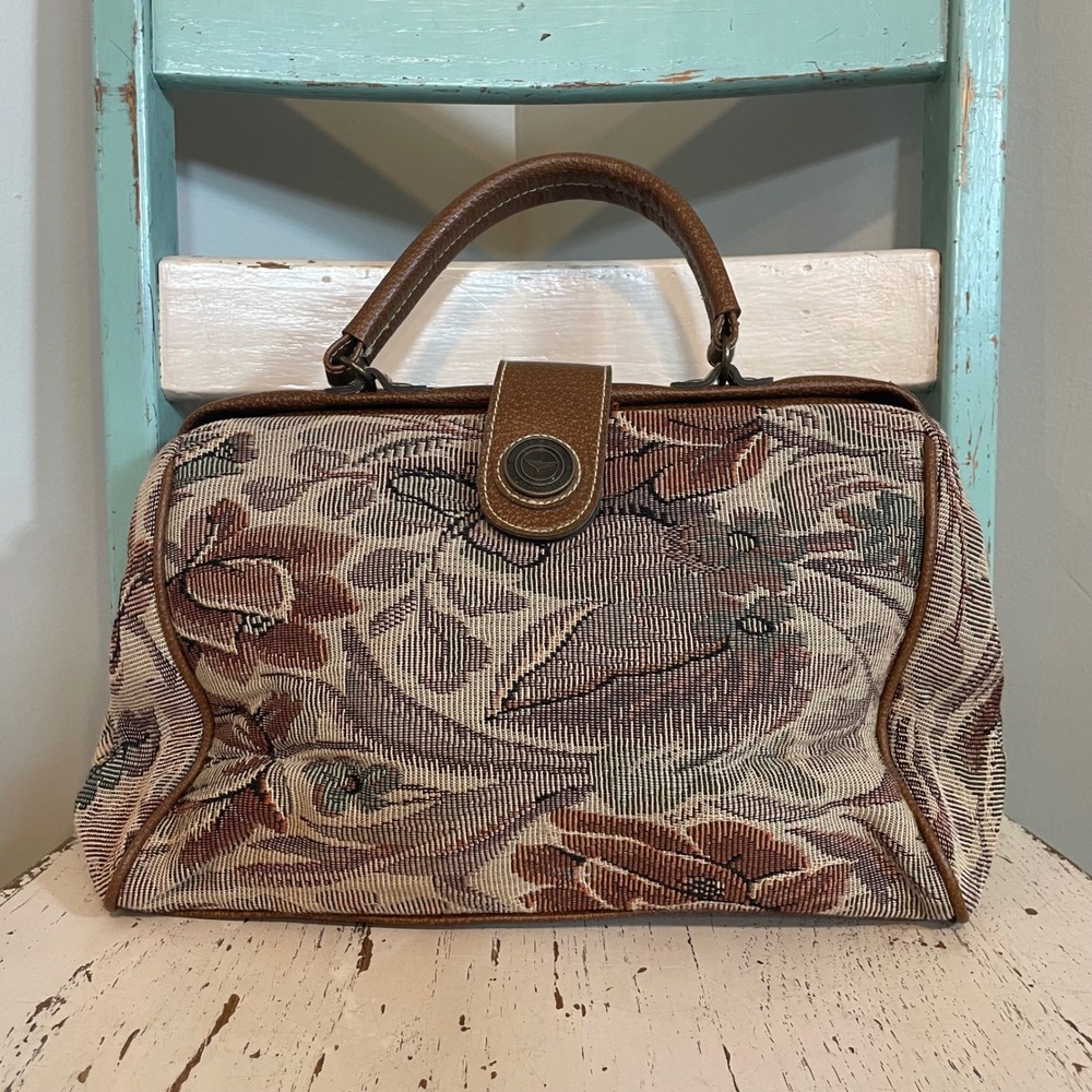 Capezio Vintage Floral Tapestry Purse Brown Faux‎ Leather Satchel Handbag Floral